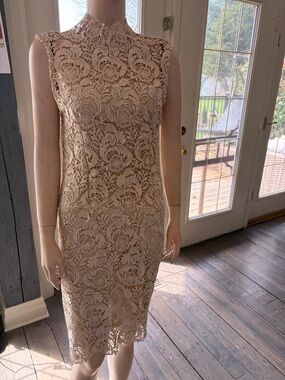 Gracia Beige Lace Midi Dress with High Neck